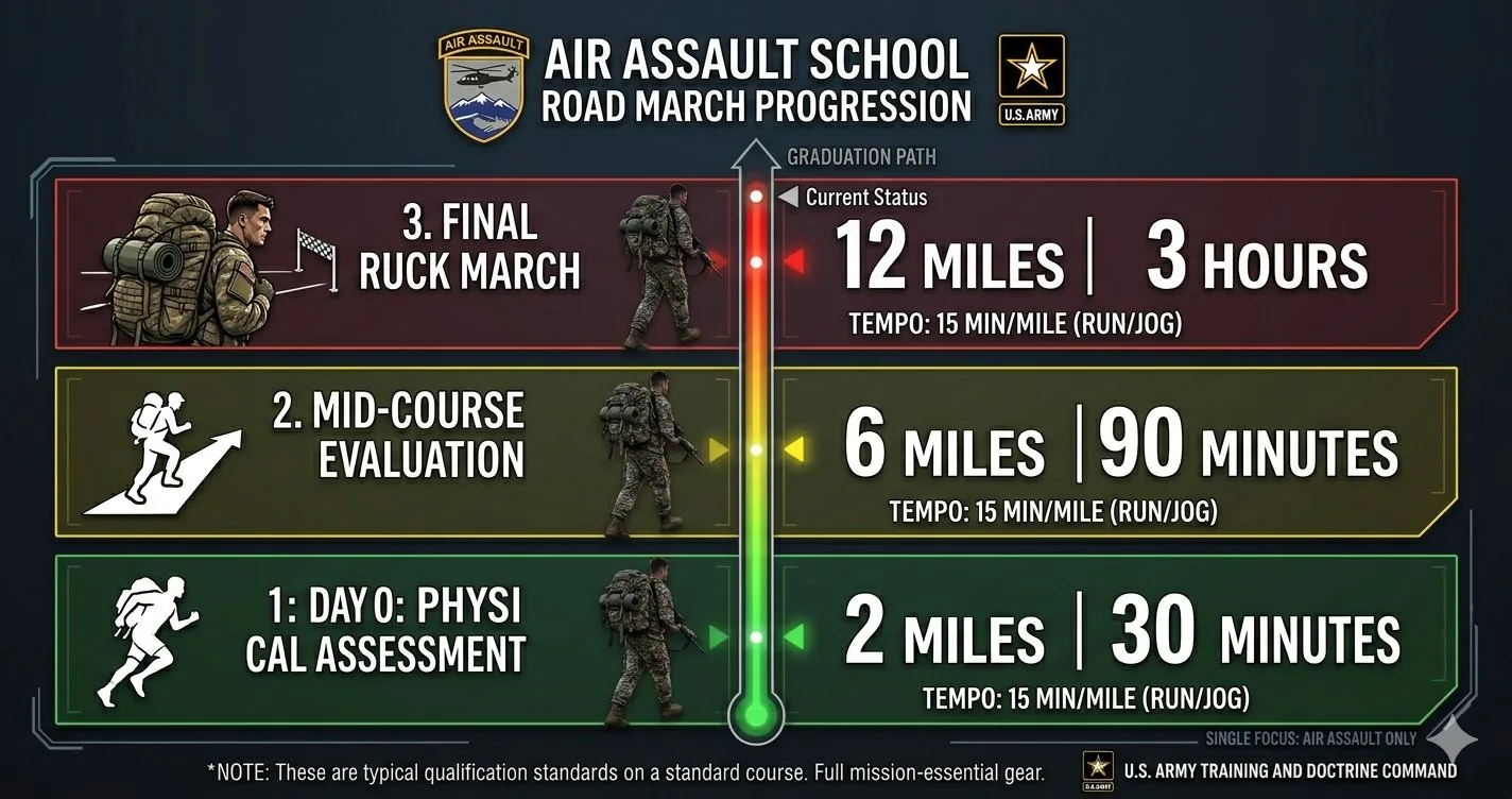 Air Assault School road march progression: Day 0 (2 miles/30 min), Mid-course (6 miles/90 min), Final (12 miles/3 hours)