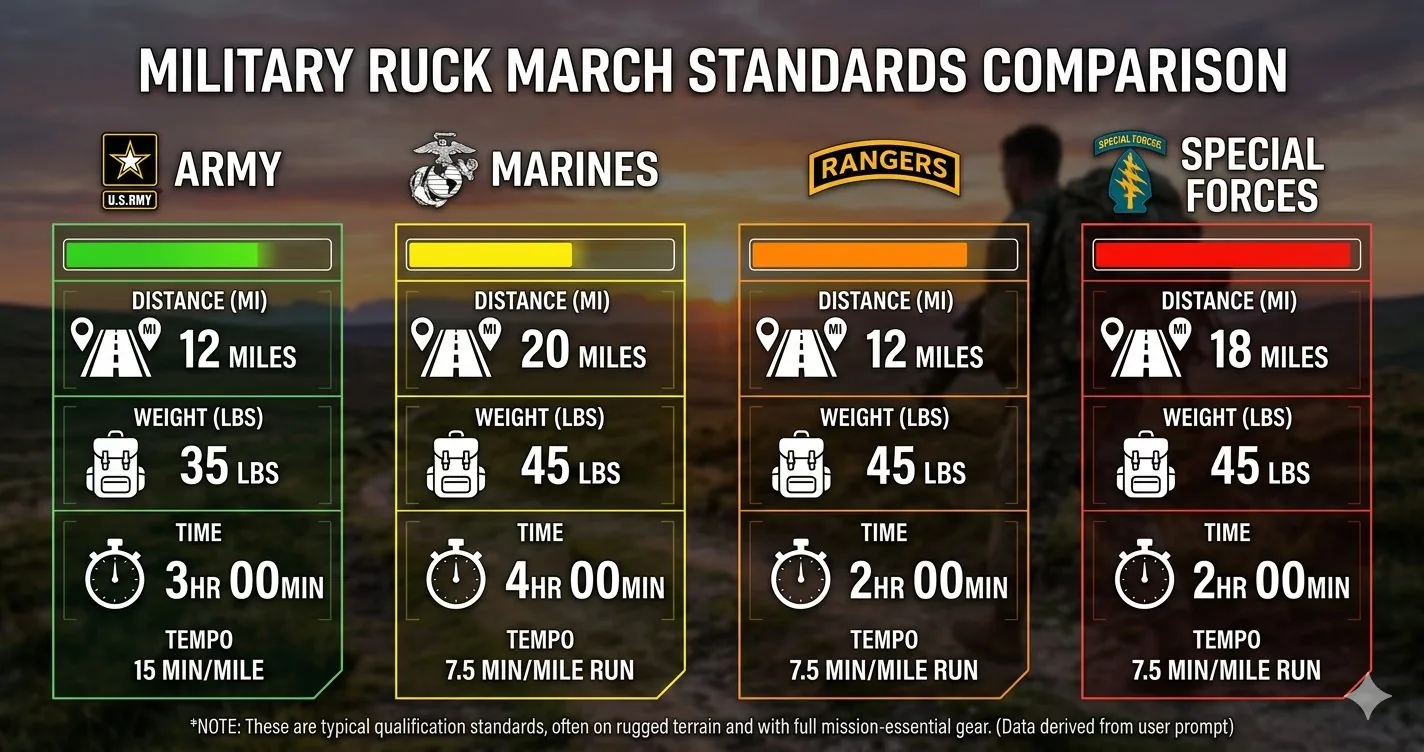 US Army ruck march standards: 12 miles, 35 lbs, under 3 hours — distance, weight and time requirements