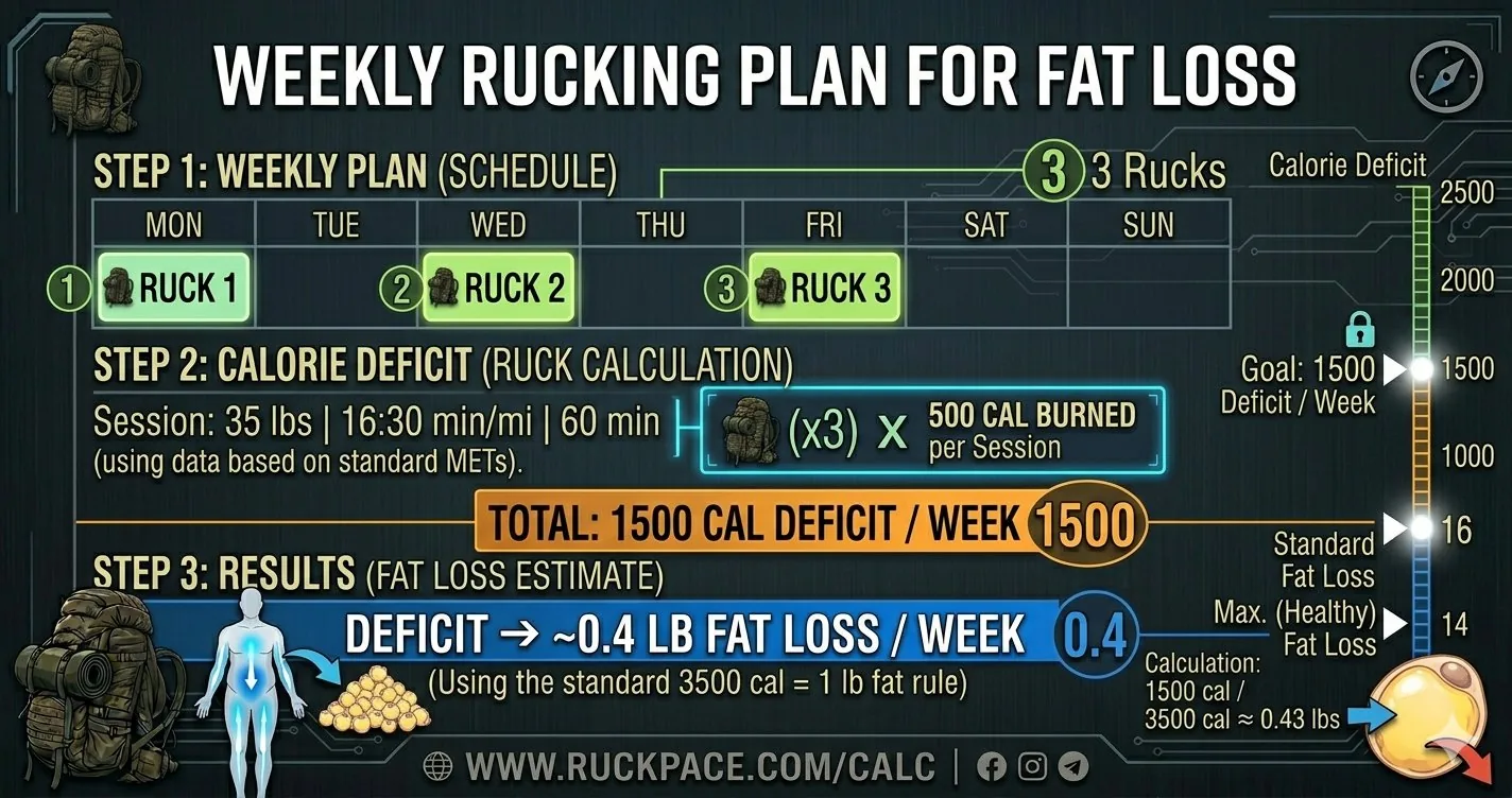 Weekly rucking plan for fat loss: 3 rucks × 500 calories = 1500 calorie deficit per week, ~0.4 lb fat loss