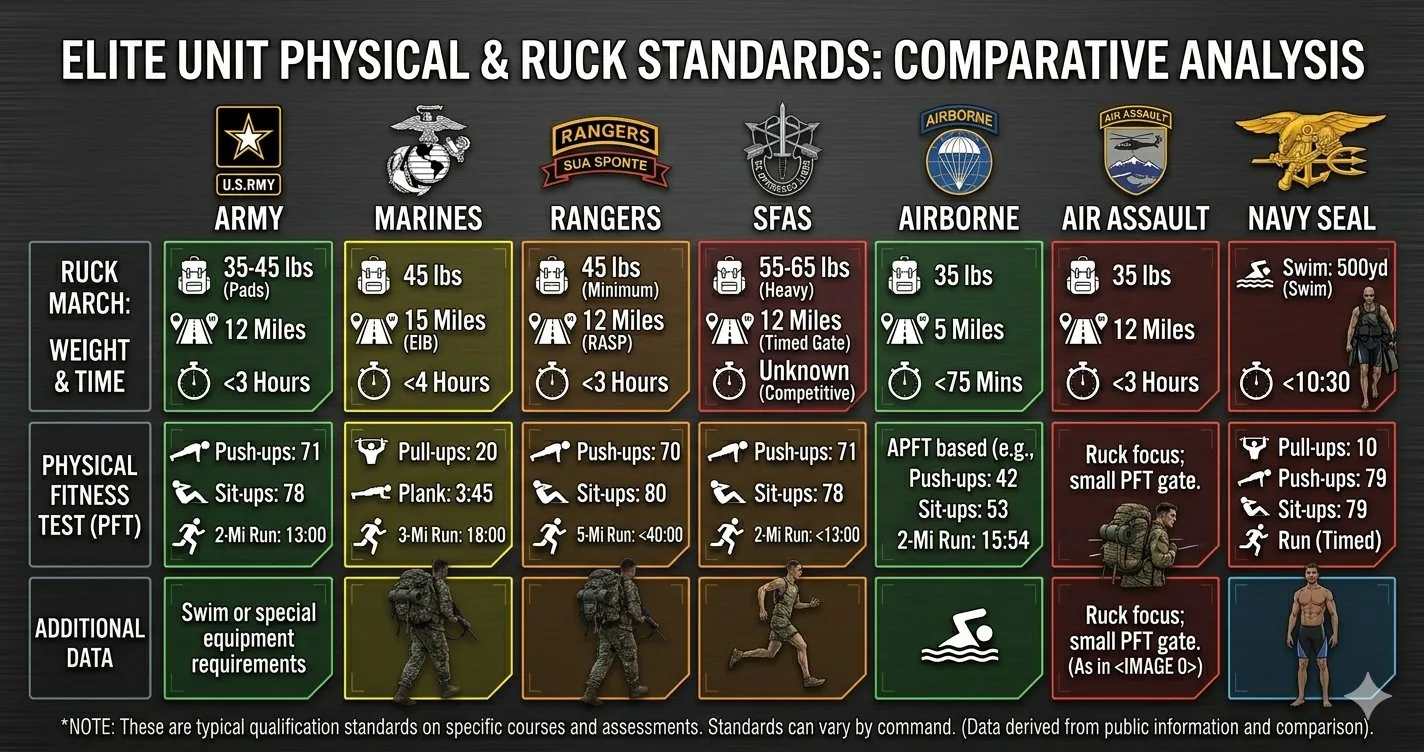 Elite unit ruck standards comparison: Army, Marines, Rangers, SFAS, Airborne, Air Assault, Navy SEAL — weight and distance