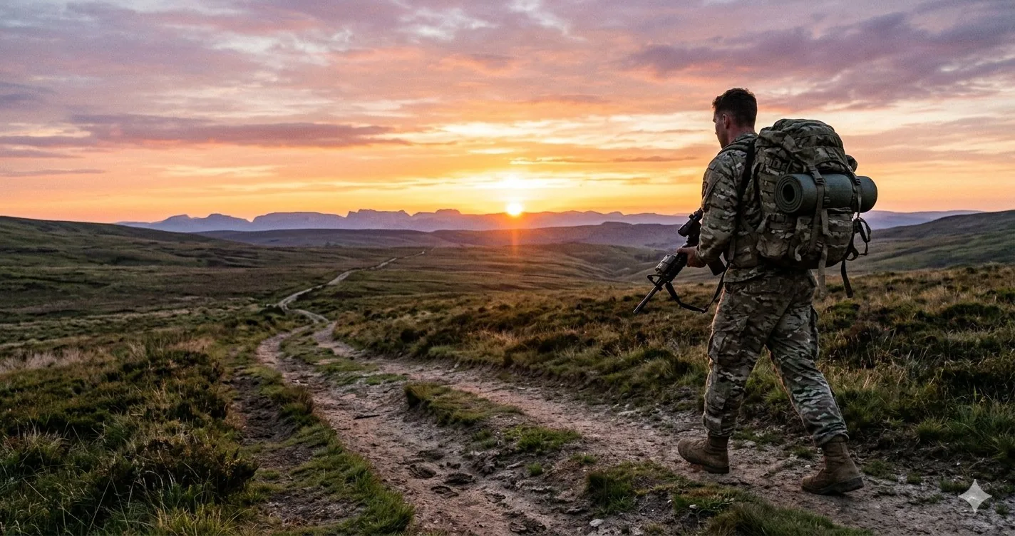 Military ruck march — soldier with full pack at sunrise