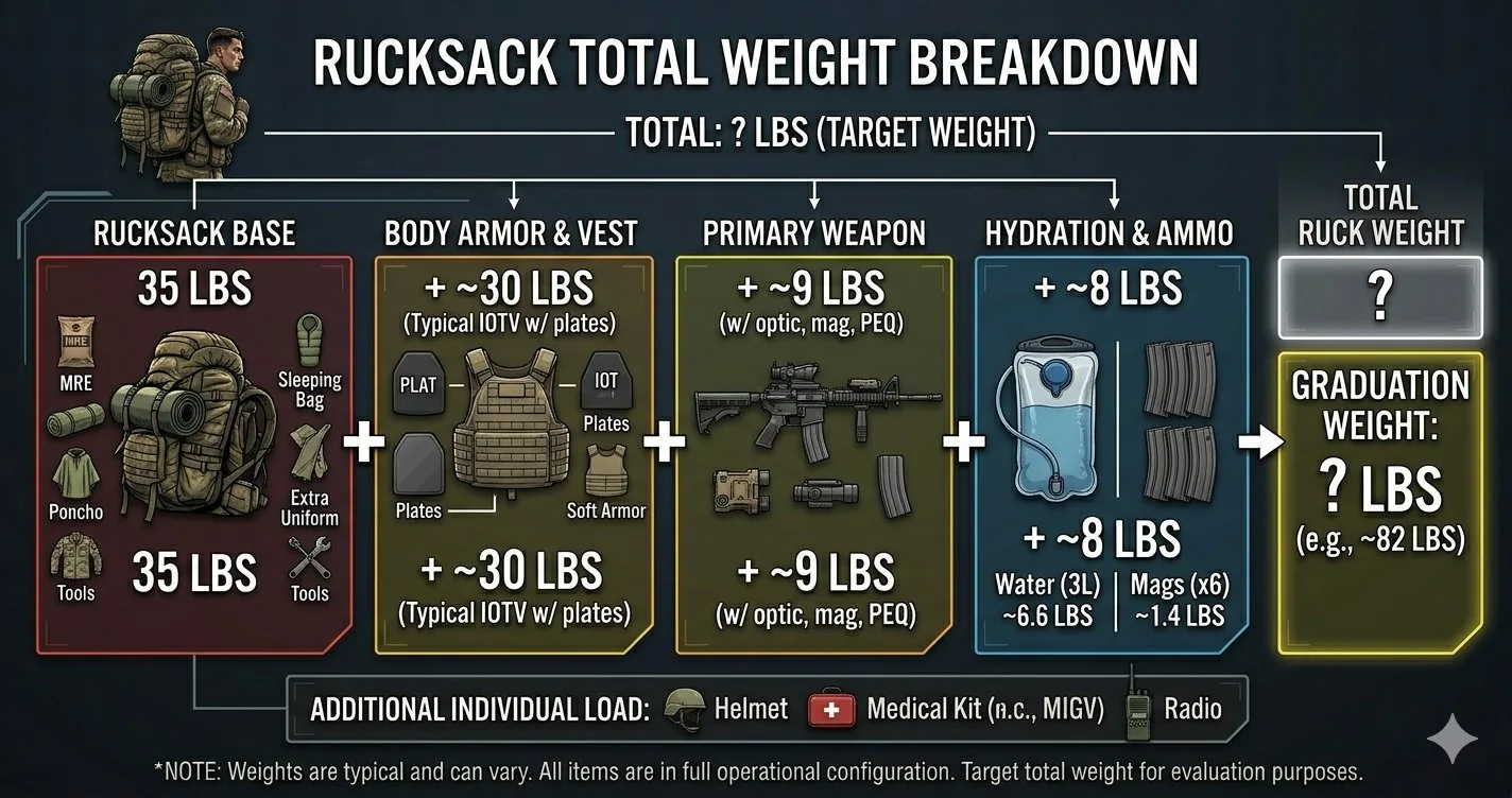 Military rucksack total weight breakdown: base pack 35 lbs + body armor + weapon + hydration = ~82 lbs total load