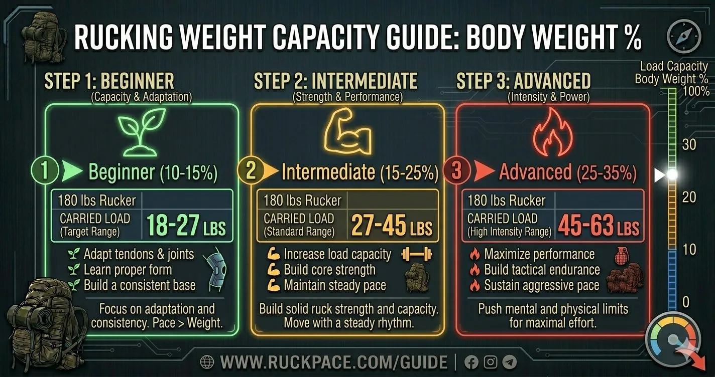 Rucking weight guide by experience level: Beginner 10-15% (18-27 lbs), Intermediate 15-25% (27-45 lbs), Advanced 25-35% (45-63 lbs) for 180 lb person